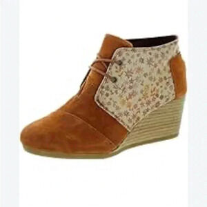 [US8]Toms Desert  Beige/Brown Maple Leaf Pattern Wedge Boots Bootie